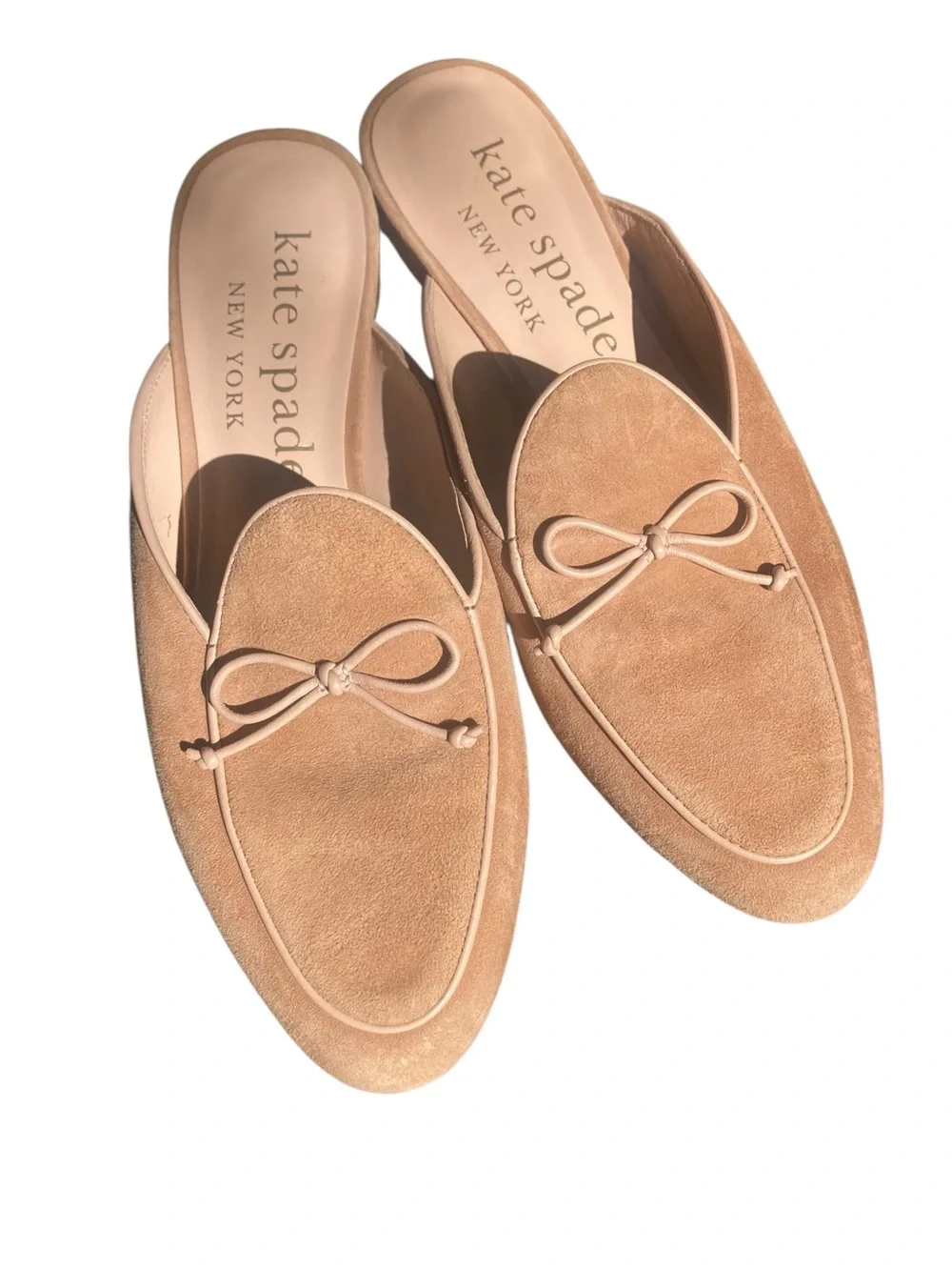 Kate Spade Devi Suede Bow Mules Size 9.5 Tan Beige Slip On Flats